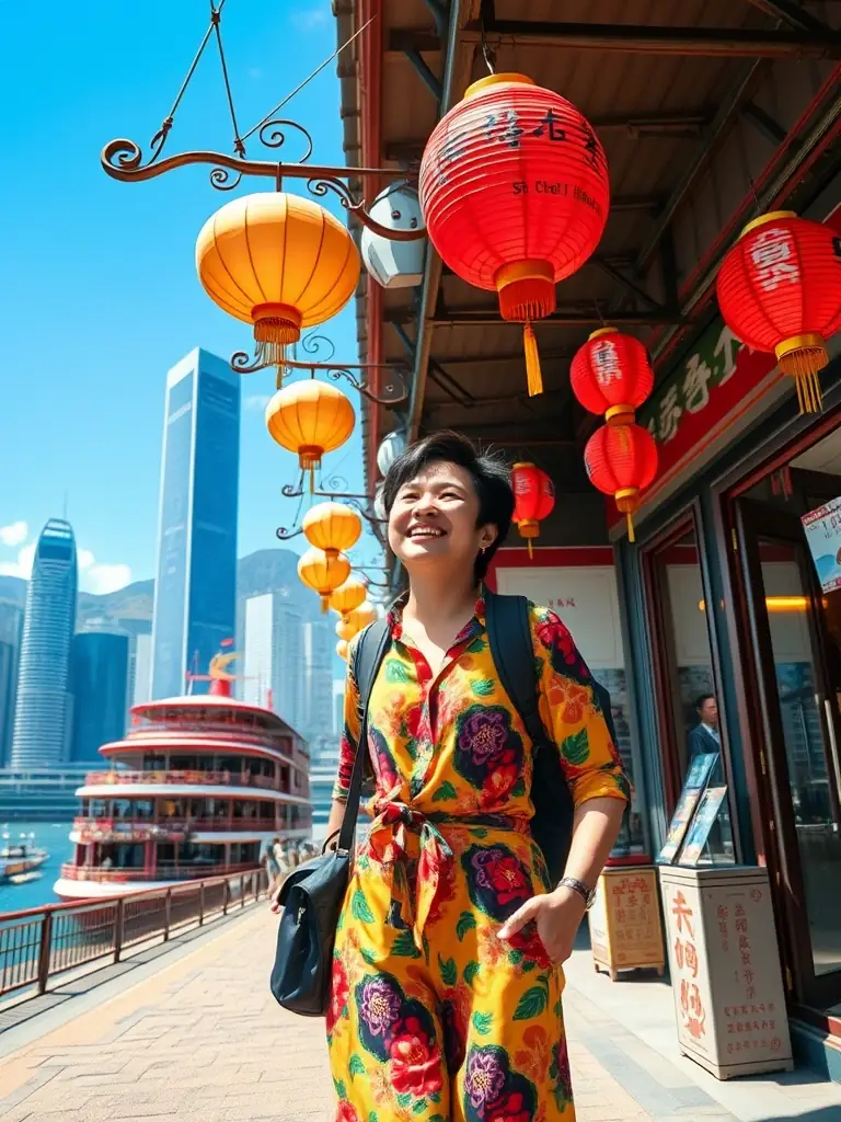 A person happily adjusting to Hong Kong culture, surrounded by iconic Hong Kong landmarks, illustrating the benefits of cultural adaptation support.