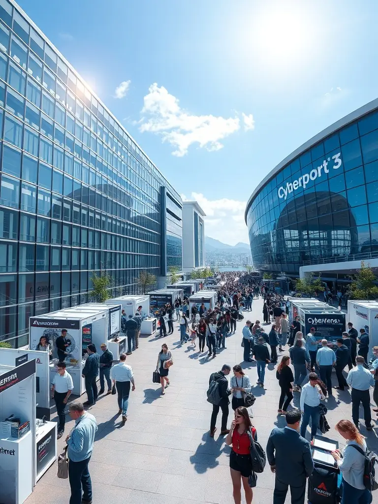 A wide shot of the Cyberport Career Fair 2026, highlighting the modern architecture of Cyberport 3 & CyberArena, with numerous booths and attendees networking.